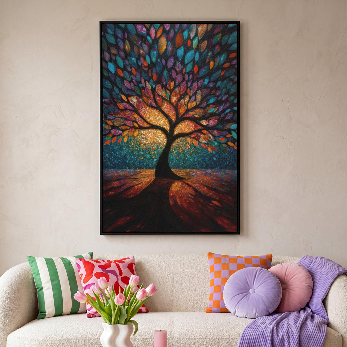 LEINWAND Bilder mit Rahmen - Mosaik - Bunt - Baum - Äste - 90x140 - Multicolor, Textil (90/140cm) - MuchoWow