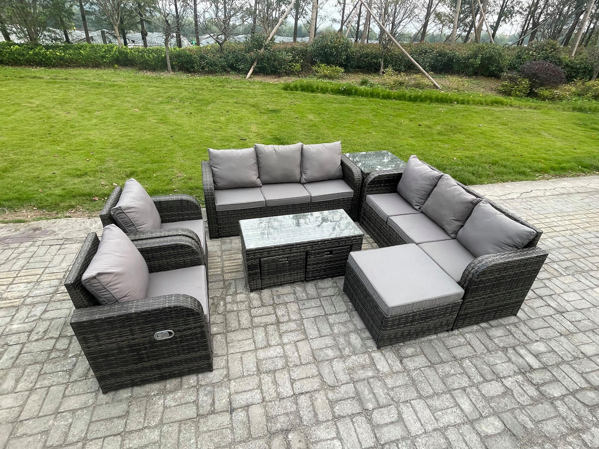 GARTENSOFA SET mit rechteckigem COUCHTISCH Polyrattan 9-Sitzer Dunkelgrau - Dunkelgrau/Grau, Glas/Kunststoff - Fimous