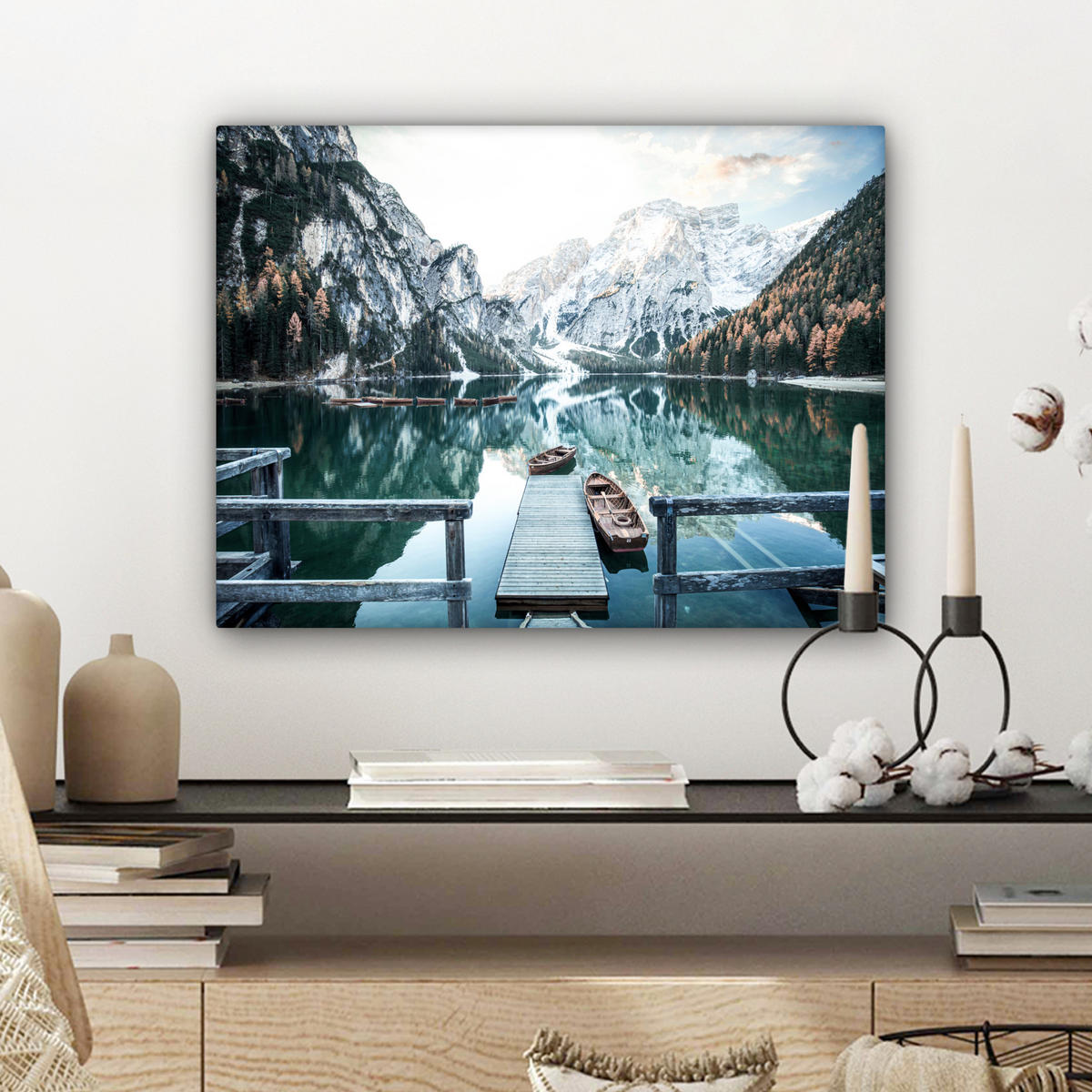 LEINWANDBILD Natur - Berge - Schnee - Wald - Boot 40x30 cm - Hellgrün, Textil (40/30cm) - MuchoWow