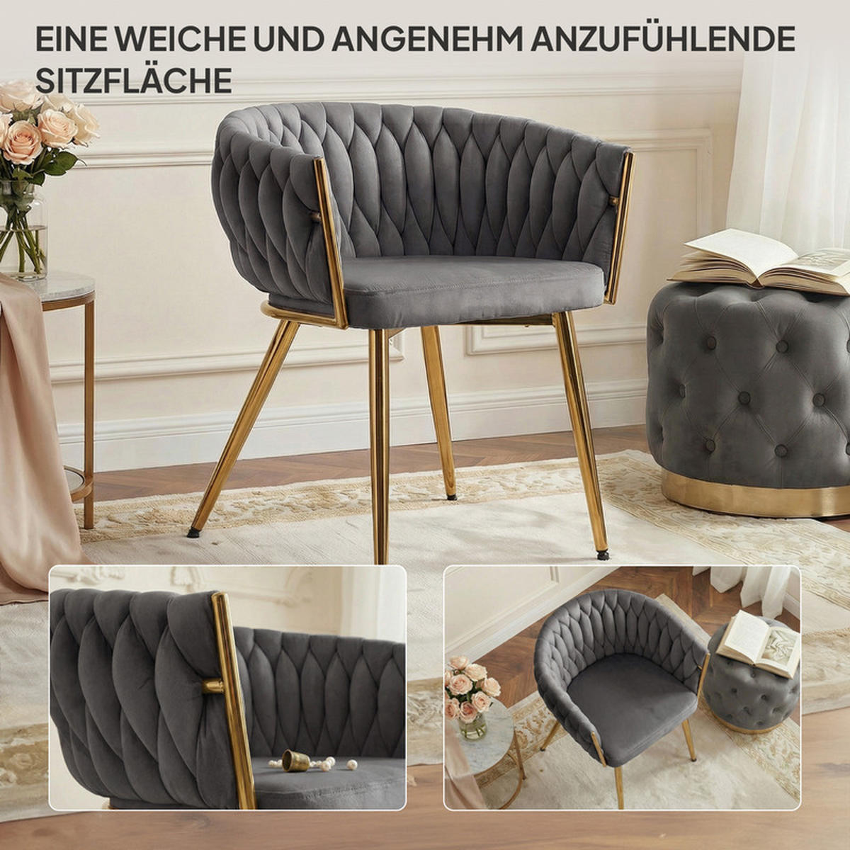 COCKTAILSESSEL AURUM 63/55/78 cm, Grau - Goldfarben/Grau, Textil/Metall (63/78/55cm) - Idohome
