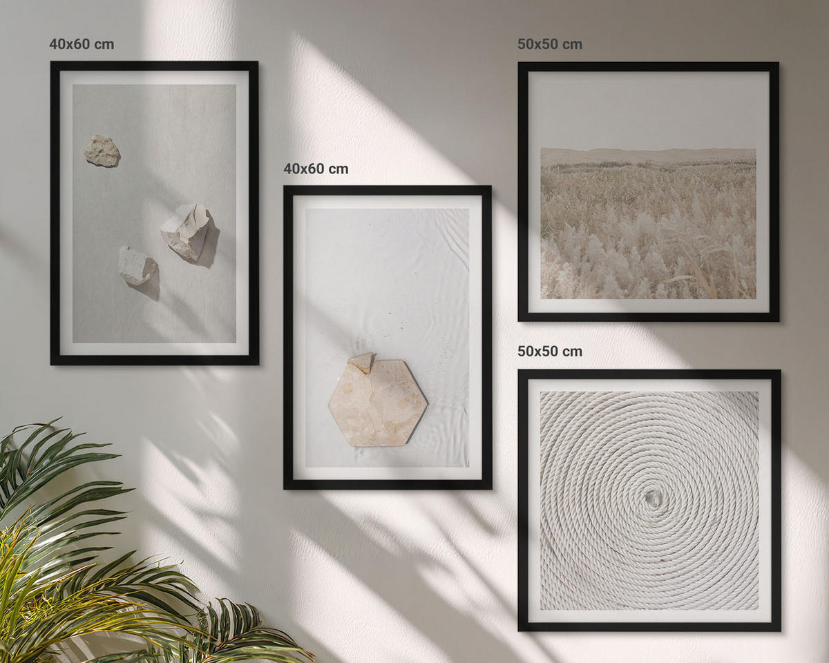 BILDER SET 4er Set - 50x50 cm & 40x60 cm Schwarzer Rahmen - Leichte Boho-Sandtexturen - Schwarz, Kunststoff (50/50cm) - TULUP