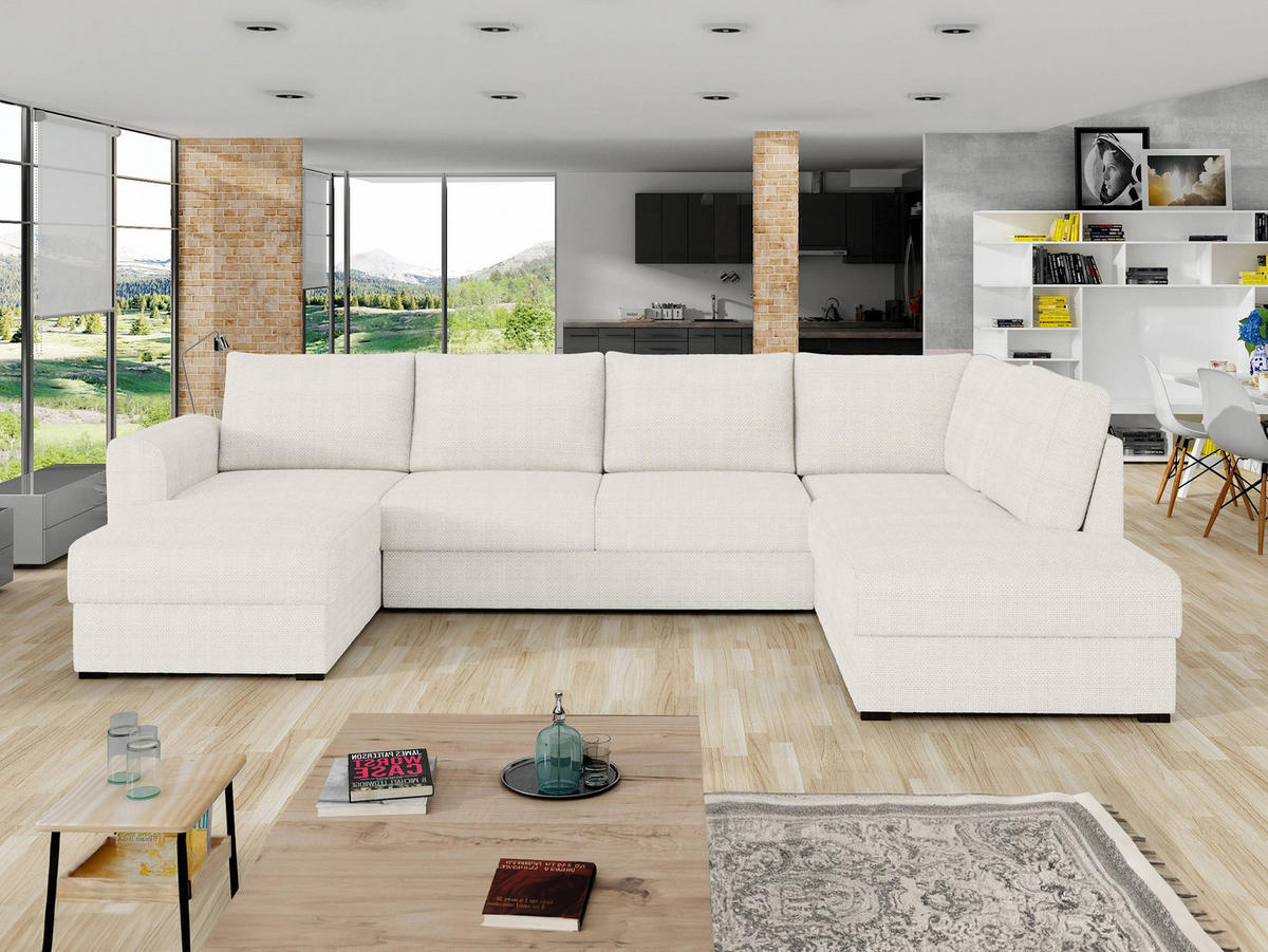WOHNLANDSCHAFT Wilma, Seite: Rechts - Creme/Schwarz, Holz/Textil (305/85/188cm) - MIRJAN24