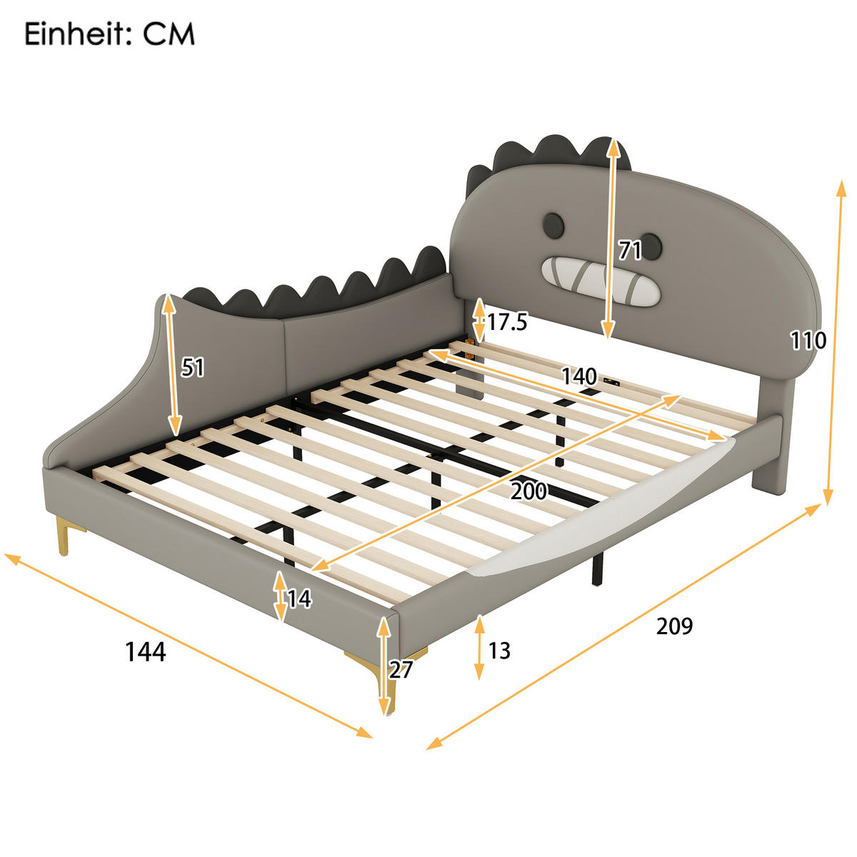 KINDERBETT 140x200cm Grau Cartoon Dinosaurier Form PU - Grau, Holz (140/200cm) - FLIEKS