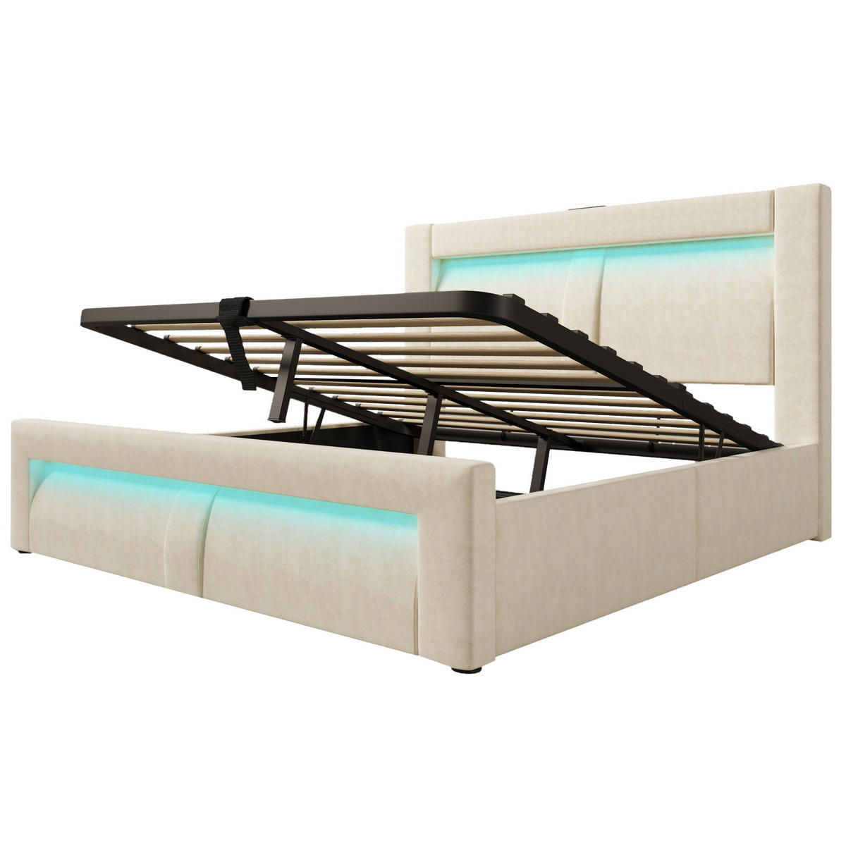 TAPECIRANI krevet 140/200 cm s LED osvjetljenjem, USB i Type-C priključcima te hidrauličnim spremištem, Bež - bež, tekstil (140/200cm) - Redom