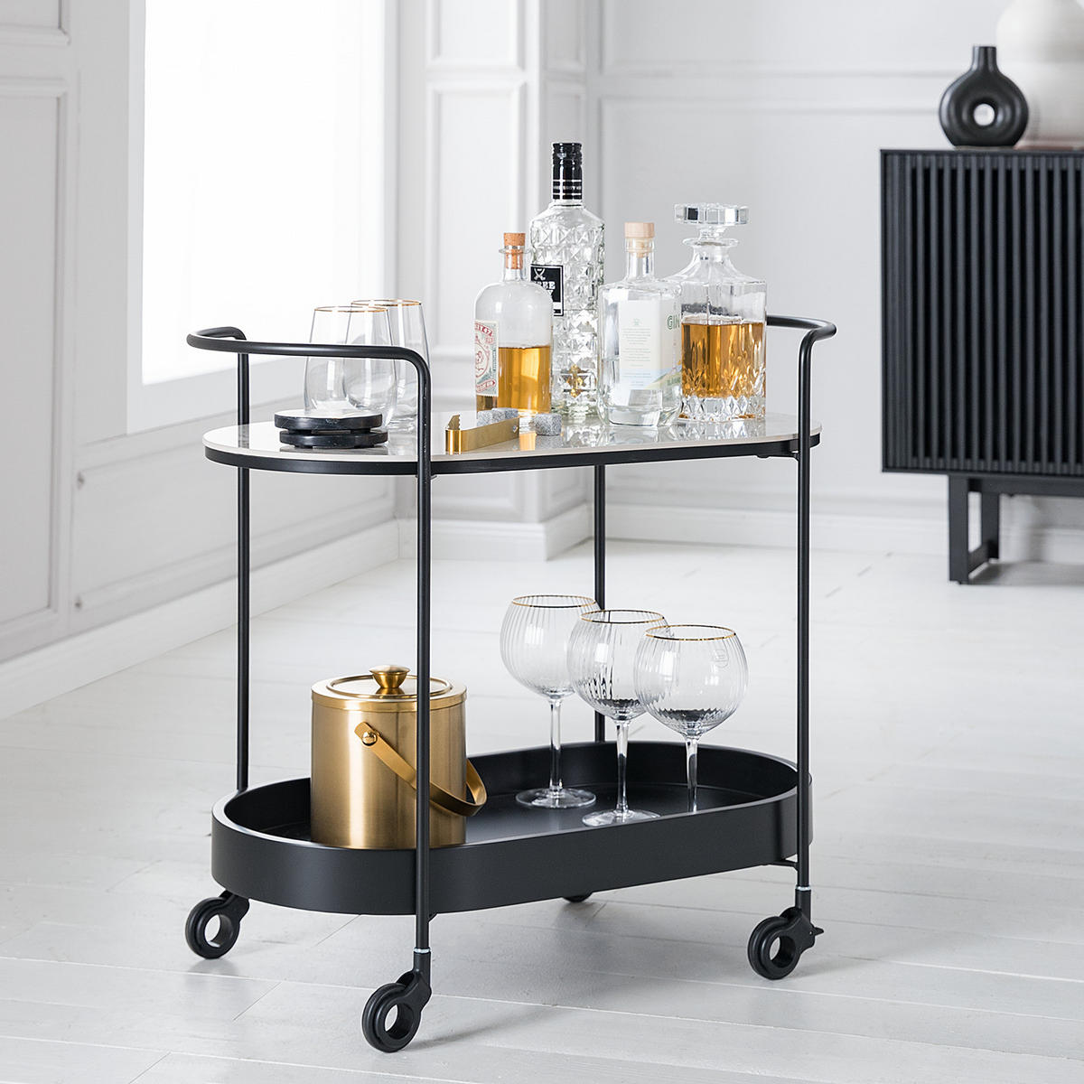 SERVIERWAGEN - Keramik / Metall - Schwarz/Weiß, Keramik (68/63/37cm) - home24