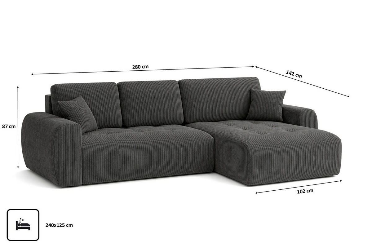 ECKSOFA Mit Schlaffunktion Und Bettkasten L-Form Ivo XL, Cordstoff Poso, Grau, Rechts - Grau, Holz (280/142cm) - Kaiser Möbel