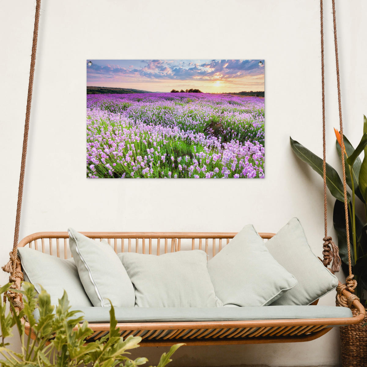 ZAHRADNÍ PLAKÁT Květiny - Levandule - Fialová - Obloha - Západ slunce - Louka - Příroda 90x60 cm - šeříková, plast (90/60/0.2cm) - OnlyWow