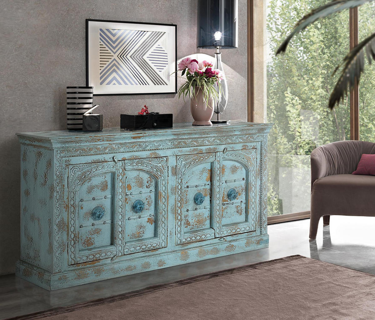 SIDEBOARD aus Mangoholz - Blau, Holz (45/100/190cm) - Giner y Colomer