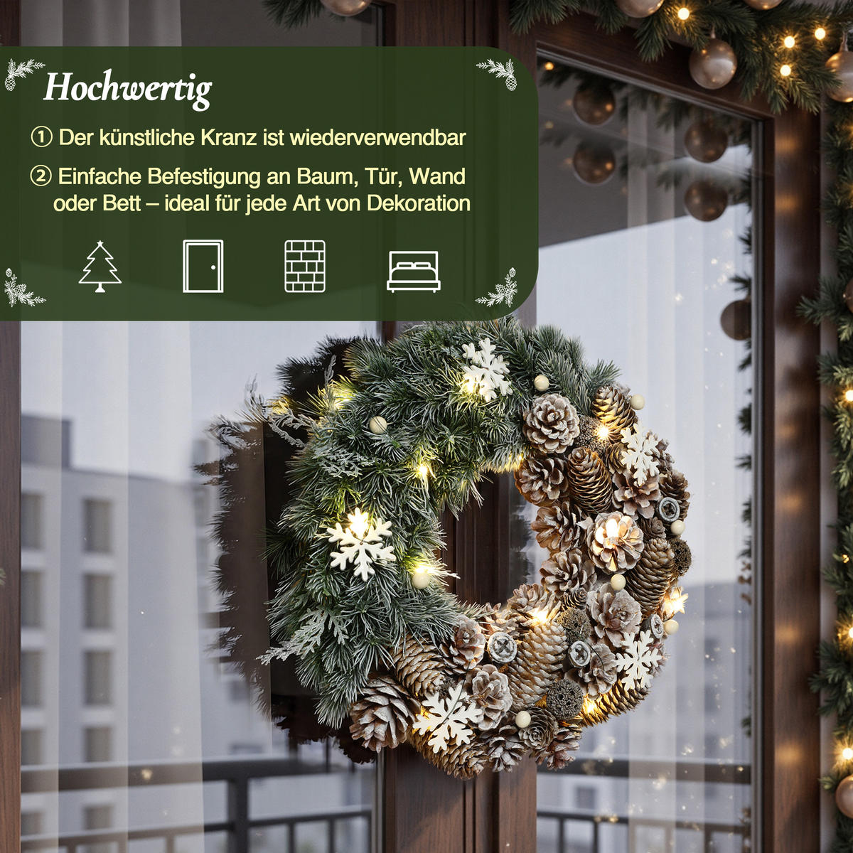 WEIHNACHTSKRANZ mit LED Beleuchtung & Timer - Dunkelgrün, Naturmaterialien (35cm) - Hometopia