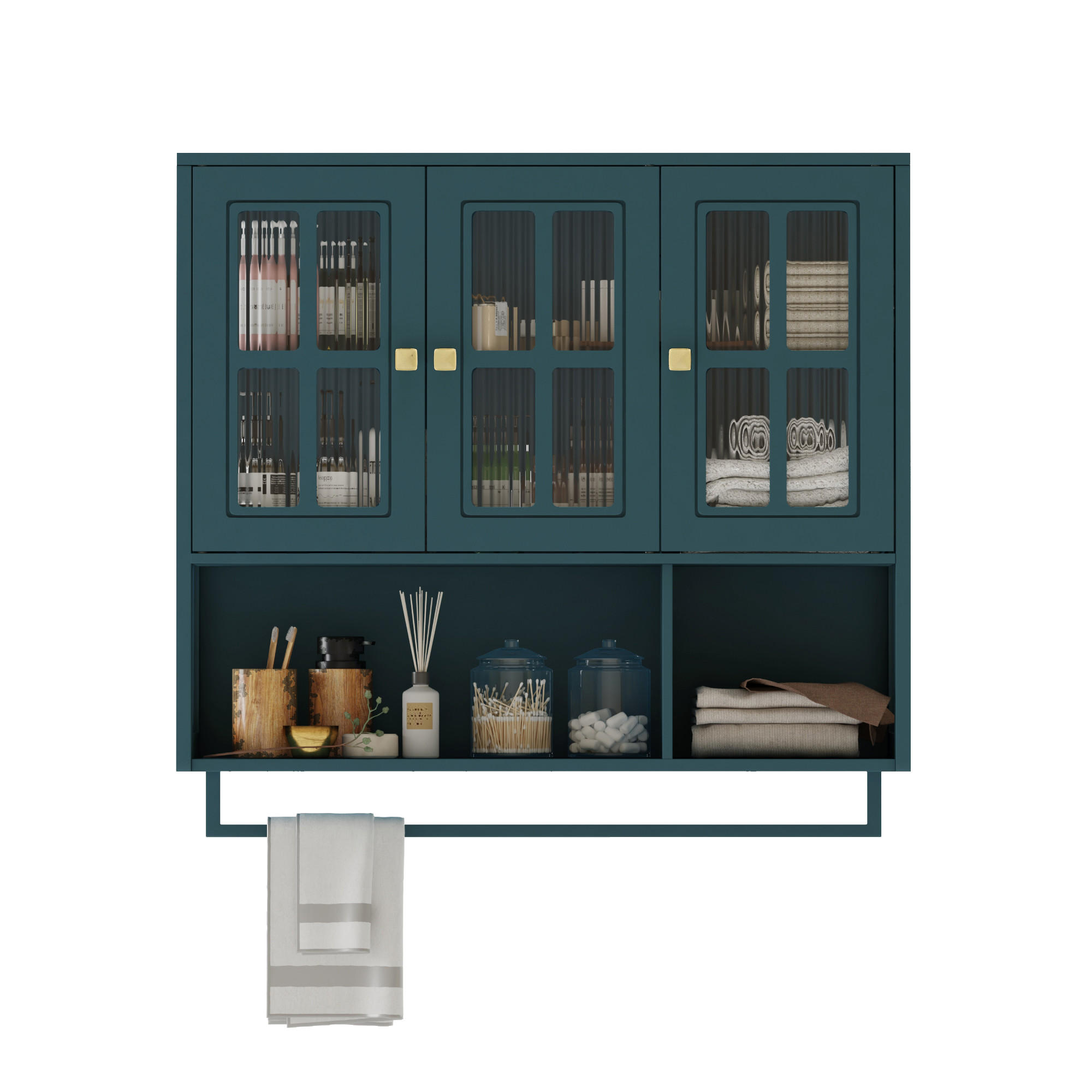 KÜCHENOBERSCHRANK 88/26/82,5 cm mit Glasfront, 3 Türen und Handtuchhalter - Dunkelgrün, Holzwerkstoff (88/82.5/26cm) - BEAOK
