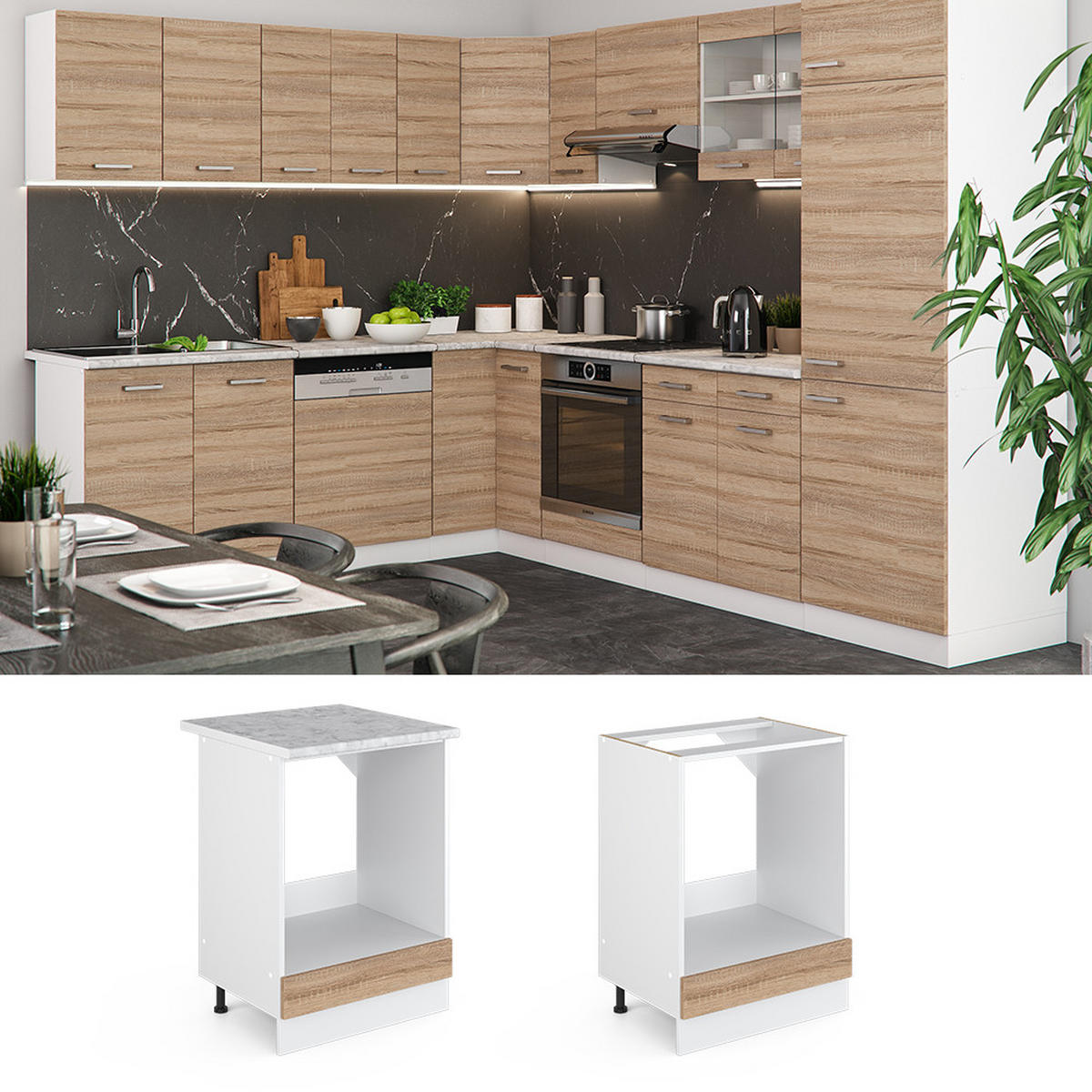 HERDUMBAUSCHRANK R-Line Sonoma 60 cm, AP Marmor - Weiß/Sonoma Eiche, Holzwerkstoff (60/81.6/60cm) - Vicco