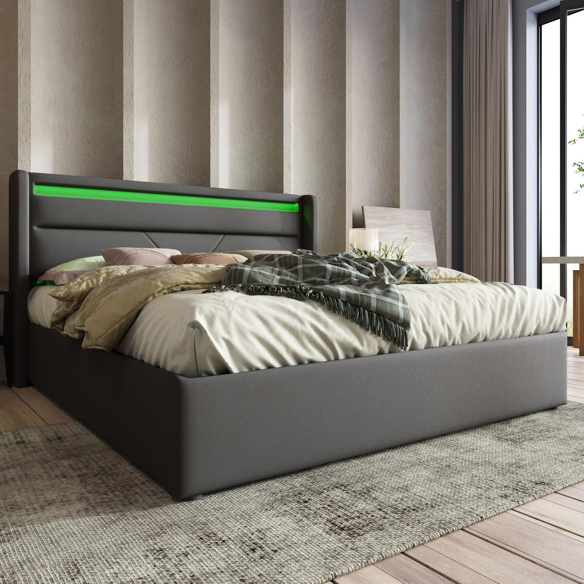 POLSTERBETT 160/200 cm mit hydraulischem Bettkasten & LED-Kopfteil, PU-Bezug, Grau - Grau, Kunststoff (160/200cm) - Redom