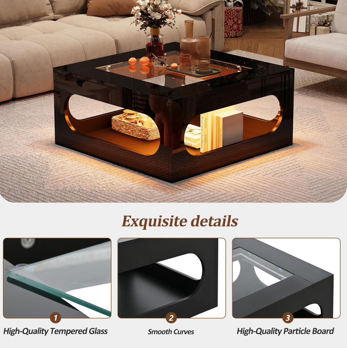 COUCHTISCH 70/70/35 cm schwarz aus MDF mit Glasplatte und LED-Beleuchtung - Schwarz, Holzwerkstoff (70/70/35cm) - OKMYHOME