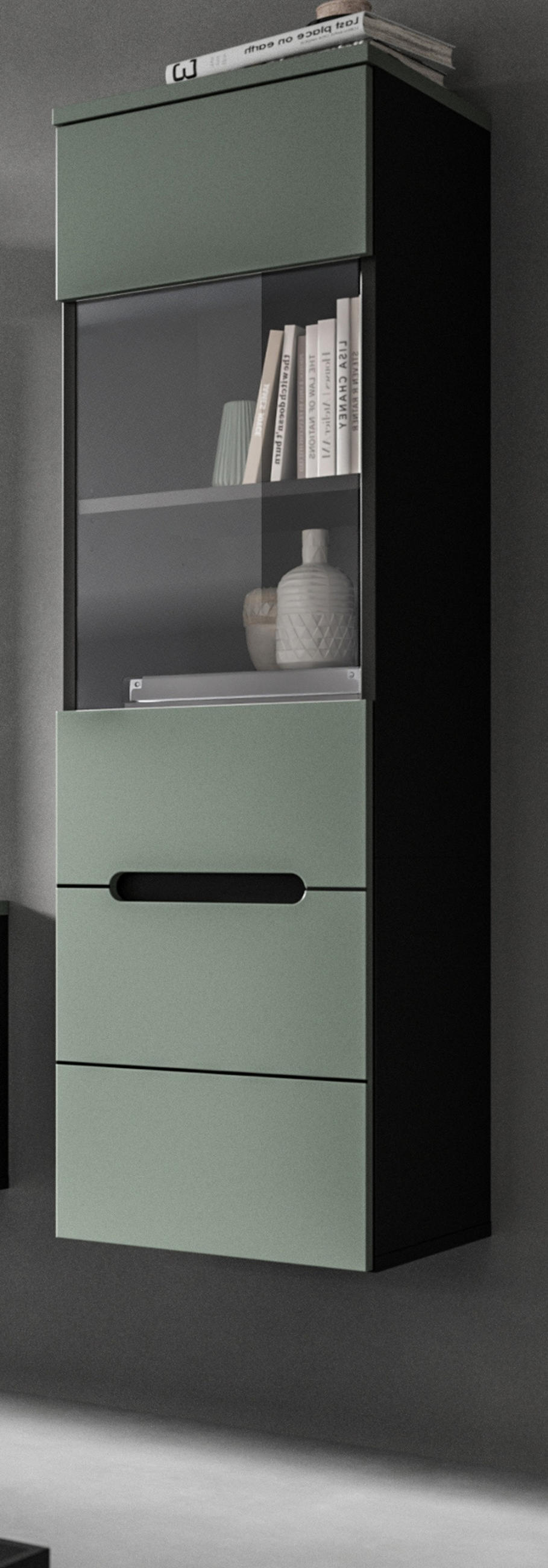 VITRINE Salbei Grün, Basalt Grau hängend / stehend 36 cm mit Soft-Close - Salbeigrün/Schwarz, Glas/Holzwerkstoff (36/125/33cm) - Inn.Furn