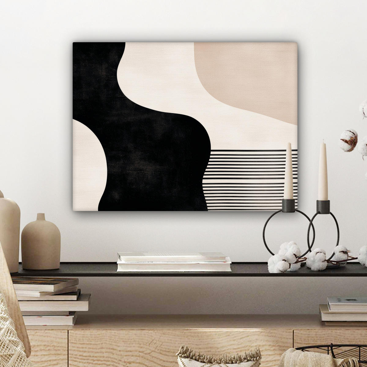 LEINWANDBILD Abstrakt - Japandi - Beige - Modern 40x30 cm - Schwarz, Textil (40/30cm) - MuchoWow