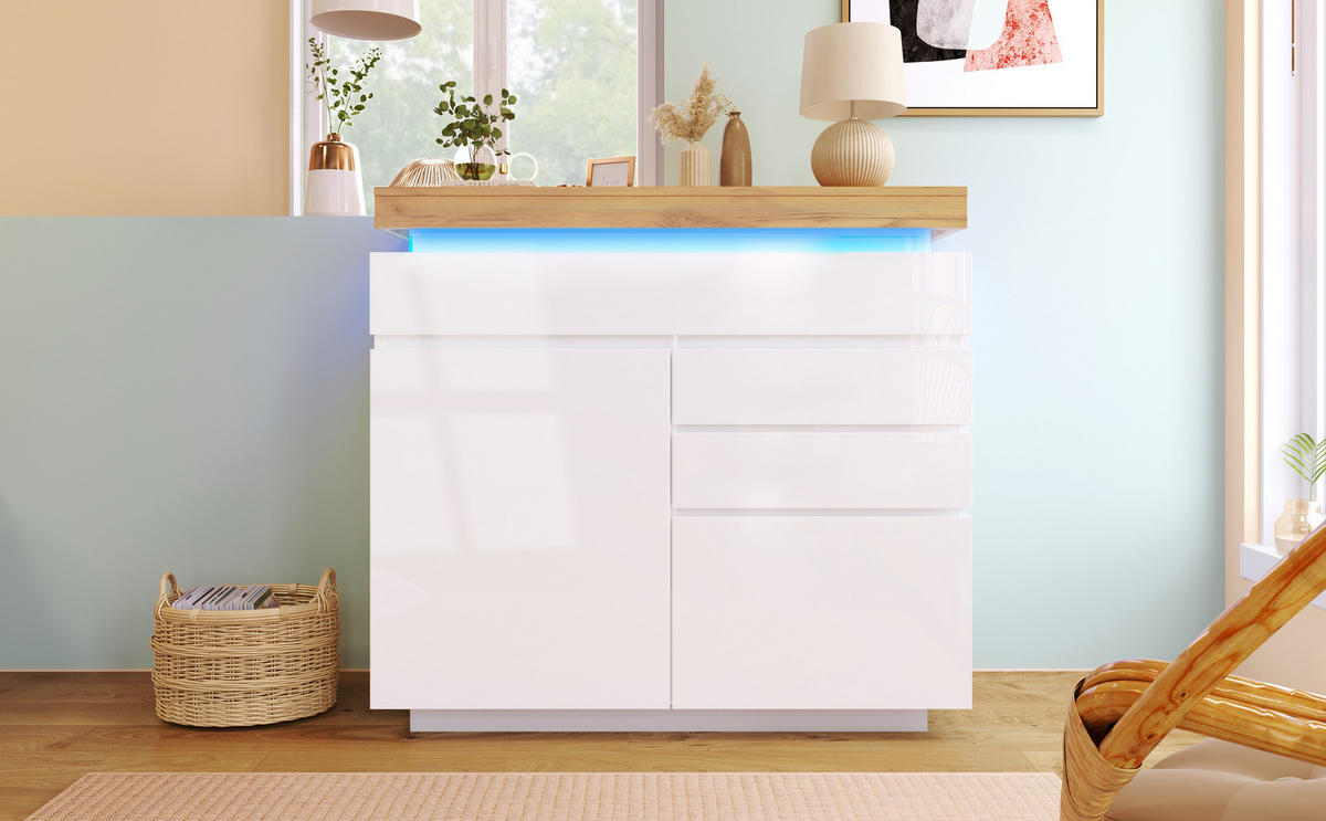 KOMMODE, Hochglanz, 3 Schubladen & 2 Türen, LED-App-Steuerung, 110x39x115 cm, Weiß - Weiß, Holzwerkstoff (39/115/110cm) - Modfu
