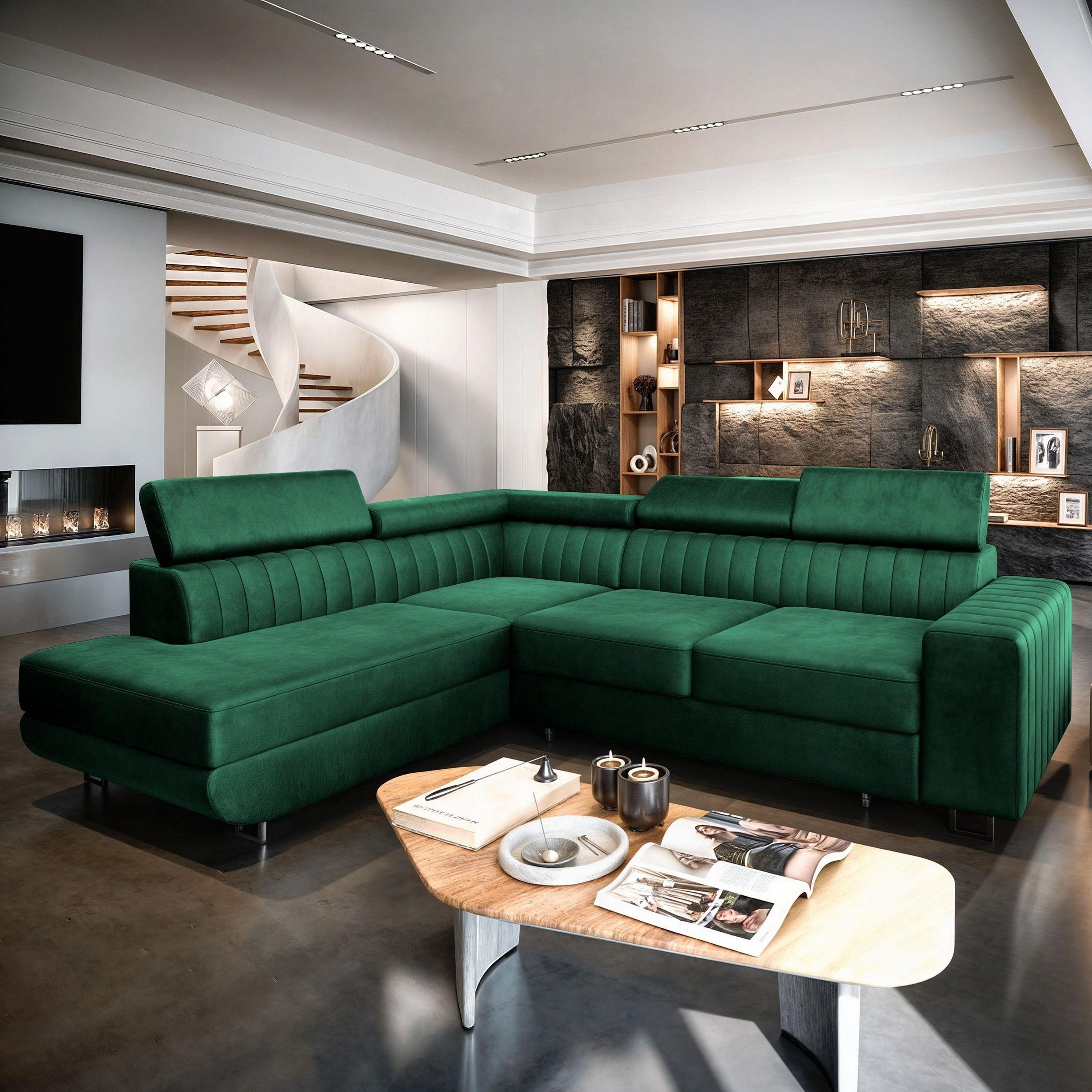 ECKSOFA NOLA L-S Grün Velours-Stoff mit Schlaffunktion - Grün, Holz (253/190cm) - MASSENO