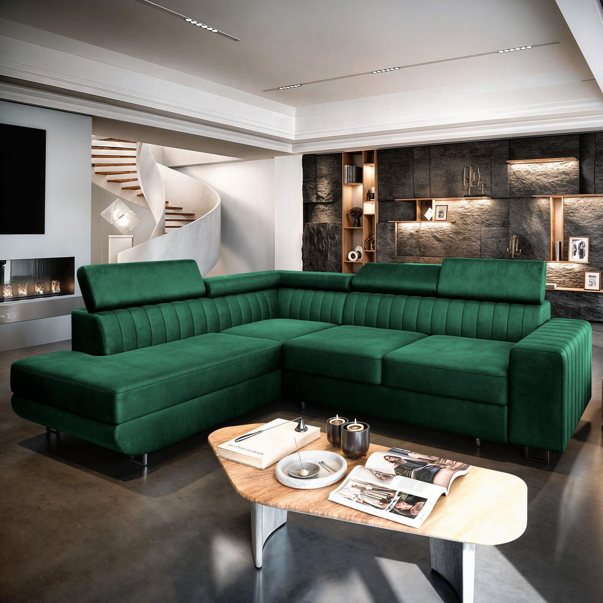 ECKSOFA NOLA L-S Grün Velours-Stoff mit Schlaffunktion - Grün, Holz (253/190cm) - MASSENO
