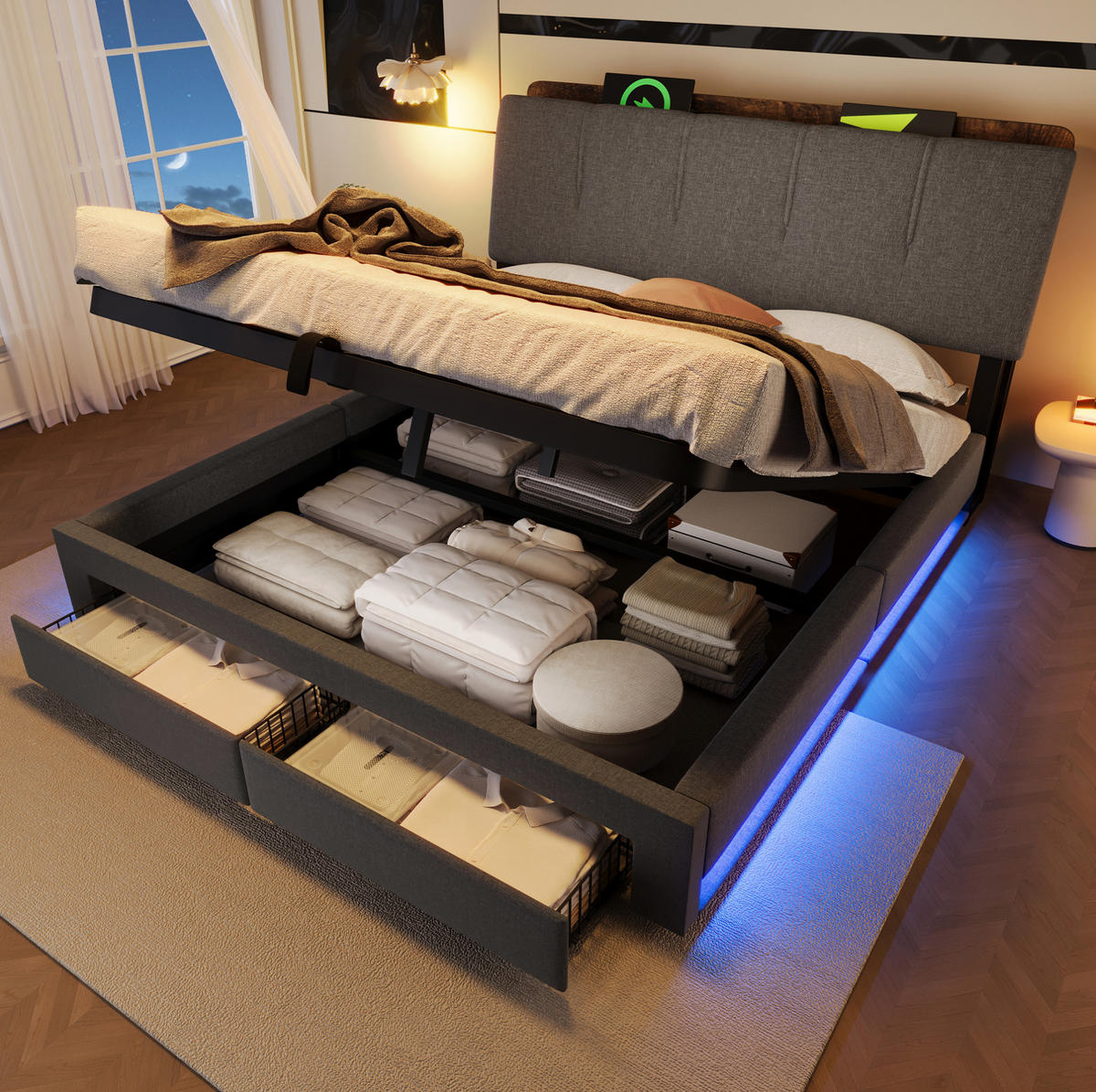POLSTERBETT 140/200 cm mit LED, USB-C, Bettkasten und Schubladen, Leinen, Grau - Grau, Textil (140/200cm) - Redom