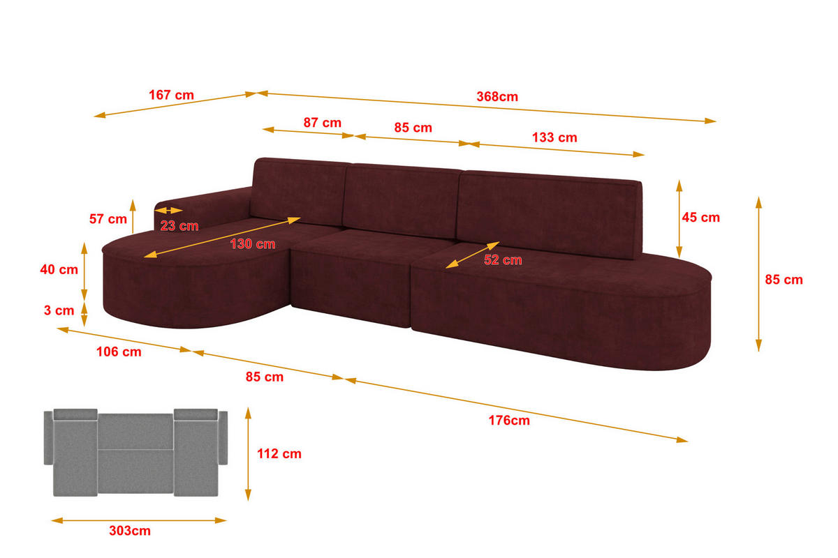 ECKSOFA mit Schlaffunktion Ottomane Links MARI L2-S 368X167X85 Bordeauxrot Velours - Bordeaux/Schwarz, Holzwerkstoff/Kunststoff (368/167cm) - ALTDECOR