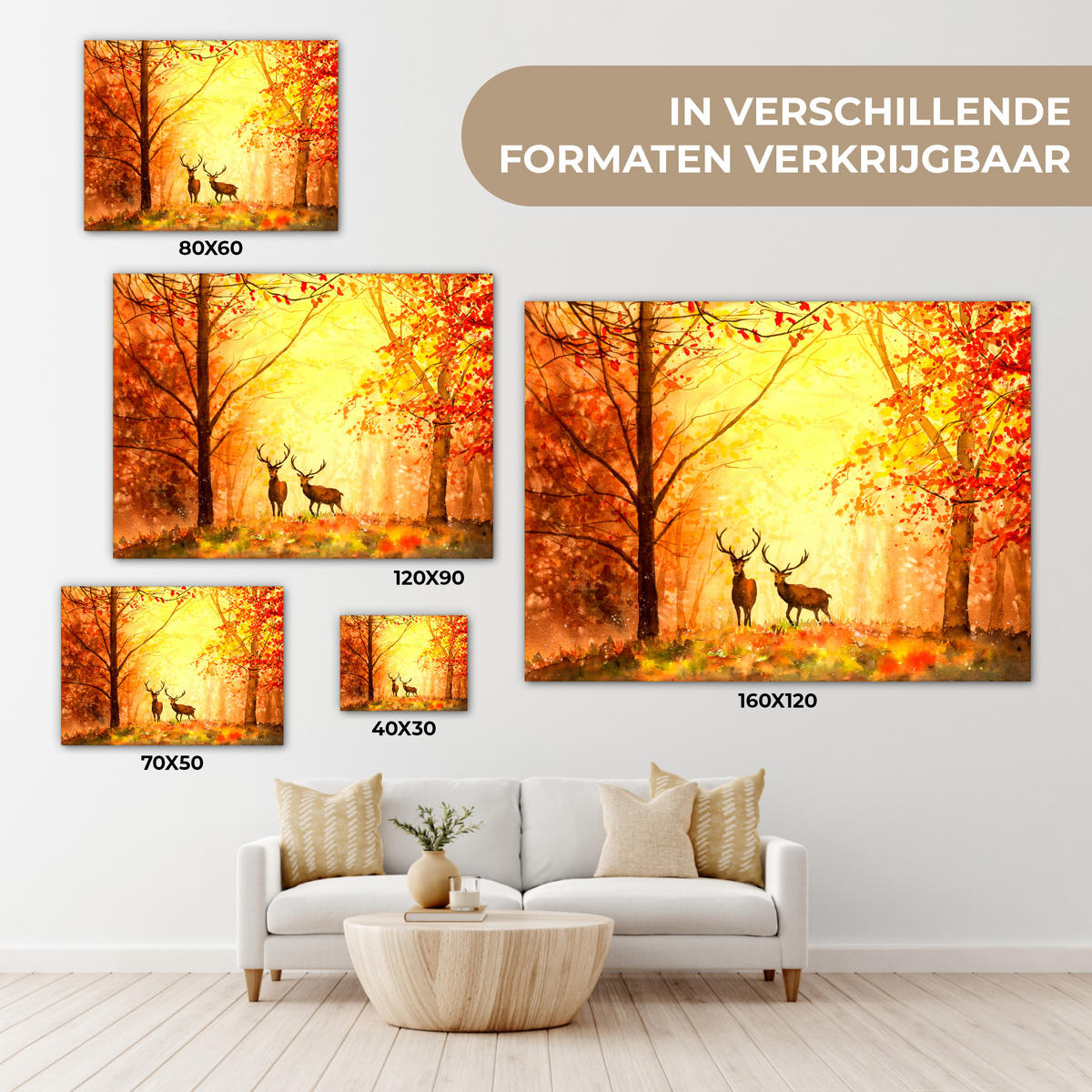 LEINWANDBILD Natur - Ölfarbe - Hirsche - Tiere - Herbst - Orange Wandbild 40x30 cm - Orange, Textil (40/30cm) - MuchoWow