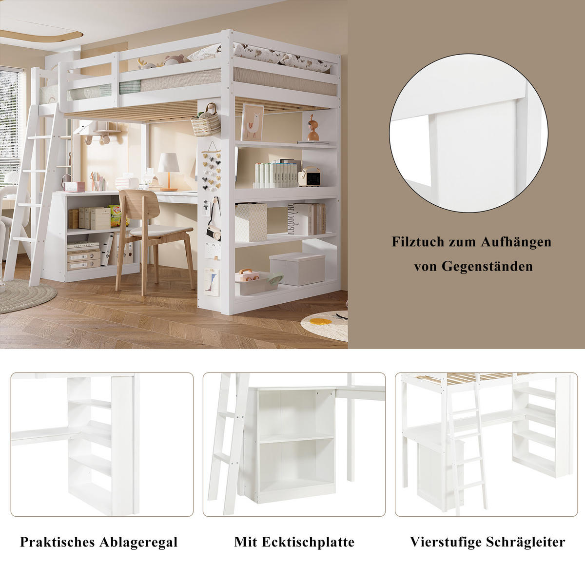 HOCHBETT 90/200 cm weiß aus Kiefer mit Ablageregal und Filztuch - Weiß, Holz (90/200cm) - OKWISH
