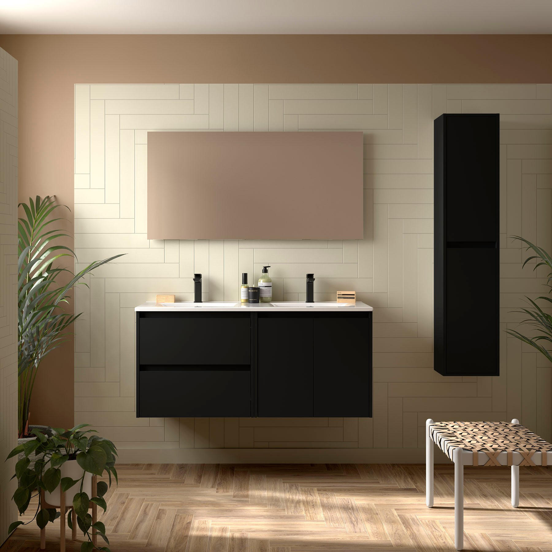 BADEZIMMERMÖBEL NOJA 1200 2 Türen und 2 Schubladen BLACK SATIN + Waschtisch + Spiegel - Taupe/Schwarz, Metall (45/54/120cm) - Salgar