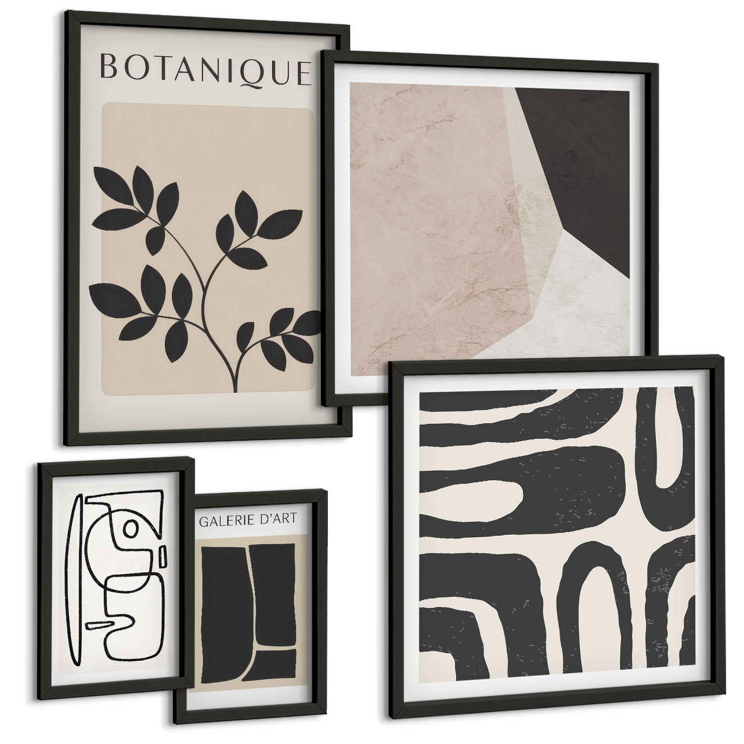 BILDER SET 5er Set - 50x50 cm & 20x30 cm & 40x60 cm Schwarzer Rahmen - Abstrakte Boho-Musterformen - Schwarz, Kunststoff (40/60cm) - TULUP