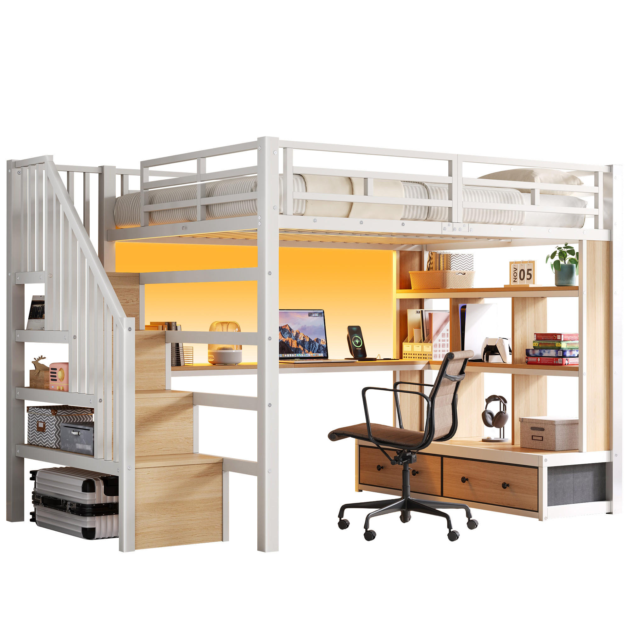 HOCHBETT 140/200 cm Weiß mit Schreibtisch, Regalen und LED - Weiß, Metall (140/200cm) - MIVRAY