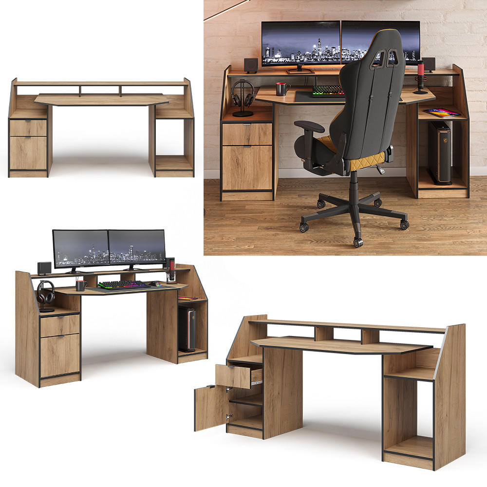 GAMING-TISCH Joel Goldkraft Eiche 179.8 x 65.5 cm mit 1 Schublade und 1 Tür - Honigeiche, Holzwerkstoff (65.5/179.8/90.6cm) - Vicco