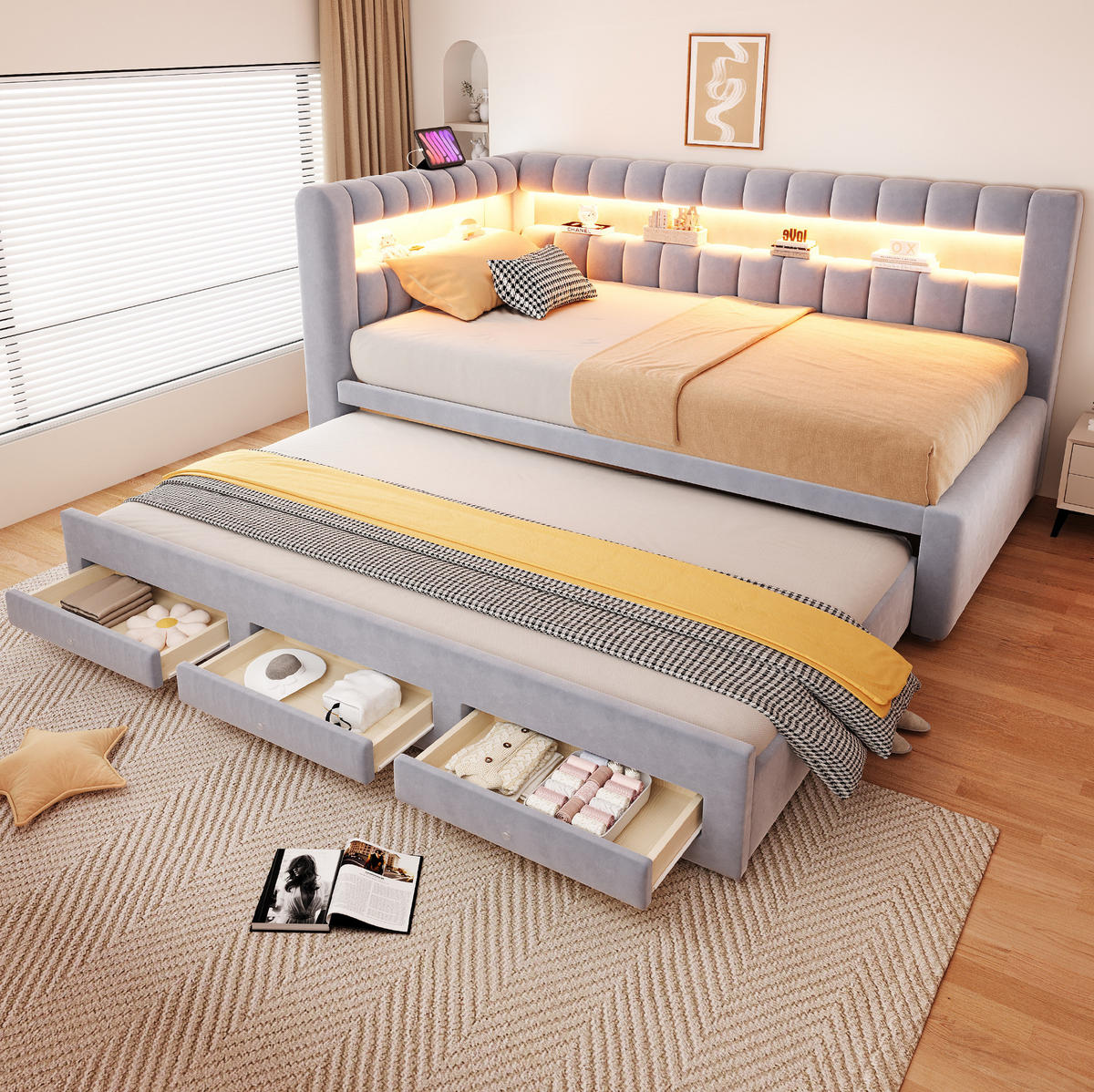 POLSTERBETT Schlafsofa aus Samt 90x190 cm Hellgrau mit Ausziehbett, LED-Beleuchtung, USB-C und Stauraum - Hellgrau, Textil (90/190cm) - Modfu
