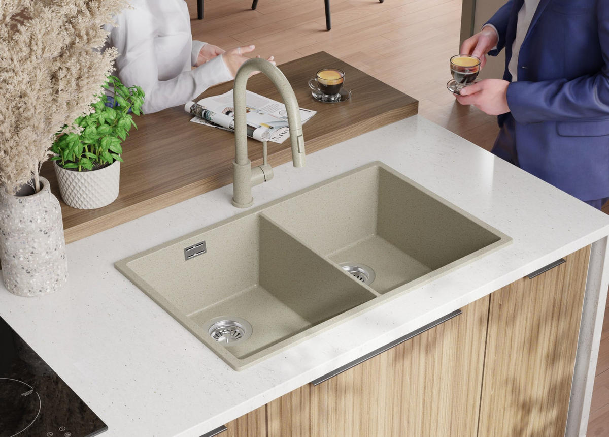 GRANITSPÜLE London Slim Twin, 2-er set Beige 76/47 cm 2 Becken + Küchenarmatur 38/14 cm + Ablauf-Set ab 80er Unterschrank - Chromfarben/Beige, Kunststoff (76/20/47cm) - Primagran