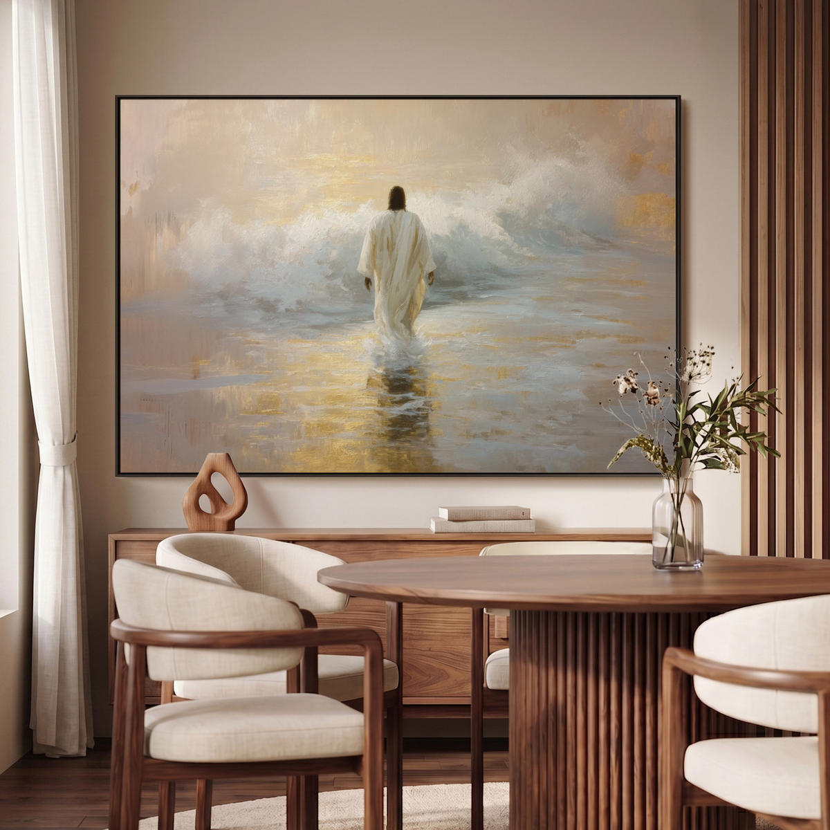 LEINWAND Bilder mit Rahmen - Gemälde - Welle - Jesus - Abstrakt - 140x90 - Goldfarben, Textil (140/90cm) - MuchoWow