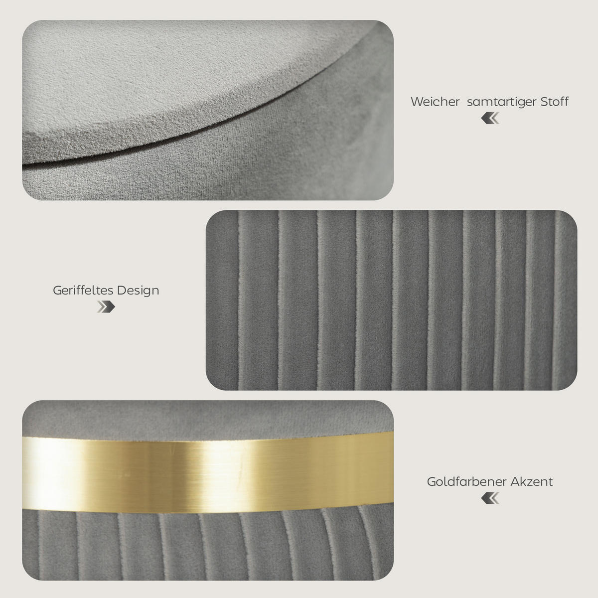 AUFBEWAHRUNGSHOCKER DE-07221 mit Samtbezug und abnehmbarem Deckel Hellgrau - Hellgrau, Textil (36/44/36cm) - ComfortXL