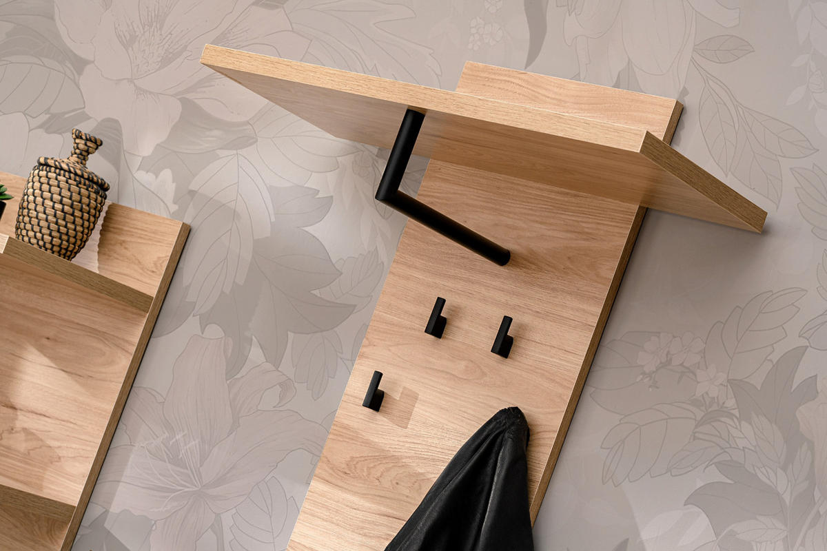 GARDEROBE Set 3-teilig Eiche Jackson, schwarz 140 cm, Garderobenkombination mit 3D-Lamellen - Eichefarben/Schwarz, Holzwerkstoff/Kunststoff (130/202/35cm) - Furn.Design