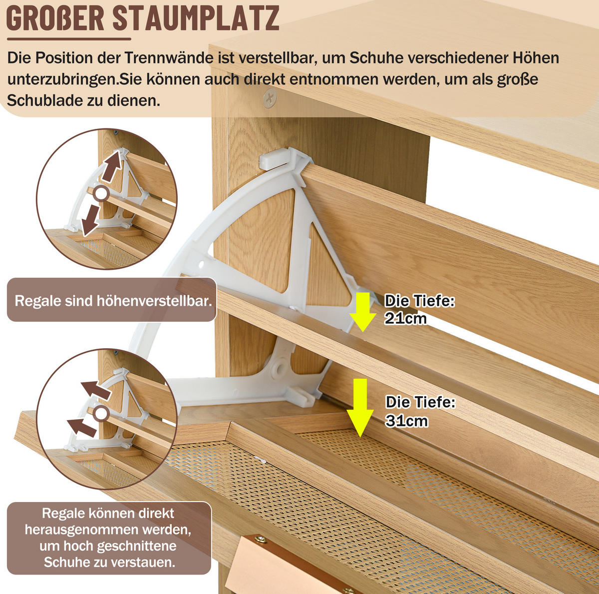 SCHUHSCHRANK 25/100/90 cm mit Klappfächern und verstellbaren Böden aus Spanplatte, helle Eiche - Naturfarben, Holzwerkstoff (100/90/25cm) - Redom