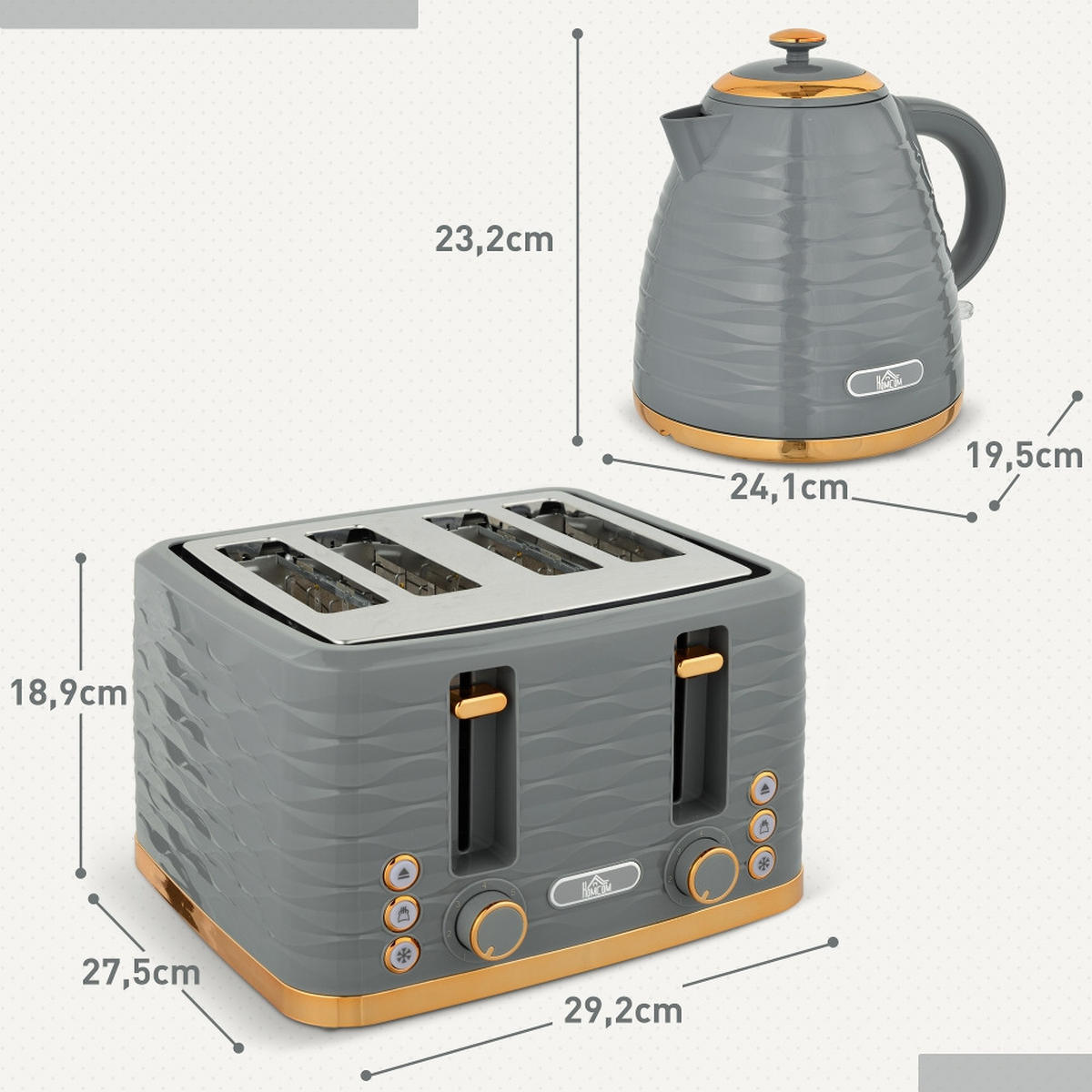 WASSERKOCHER-TOASTER Set 4 Scheiben 1,7L Grau 3000W - Grau, Kunststoff (19.5/23.2/24.1cm) - Rolipo