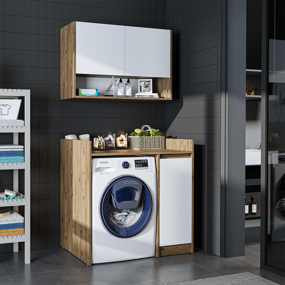 WASCHMASCHINENSCHRANK DERIN-II 100cm Breit, 189cm Hoch - Eiche Bianco, Holzwerkstoff (100/189/60cm)