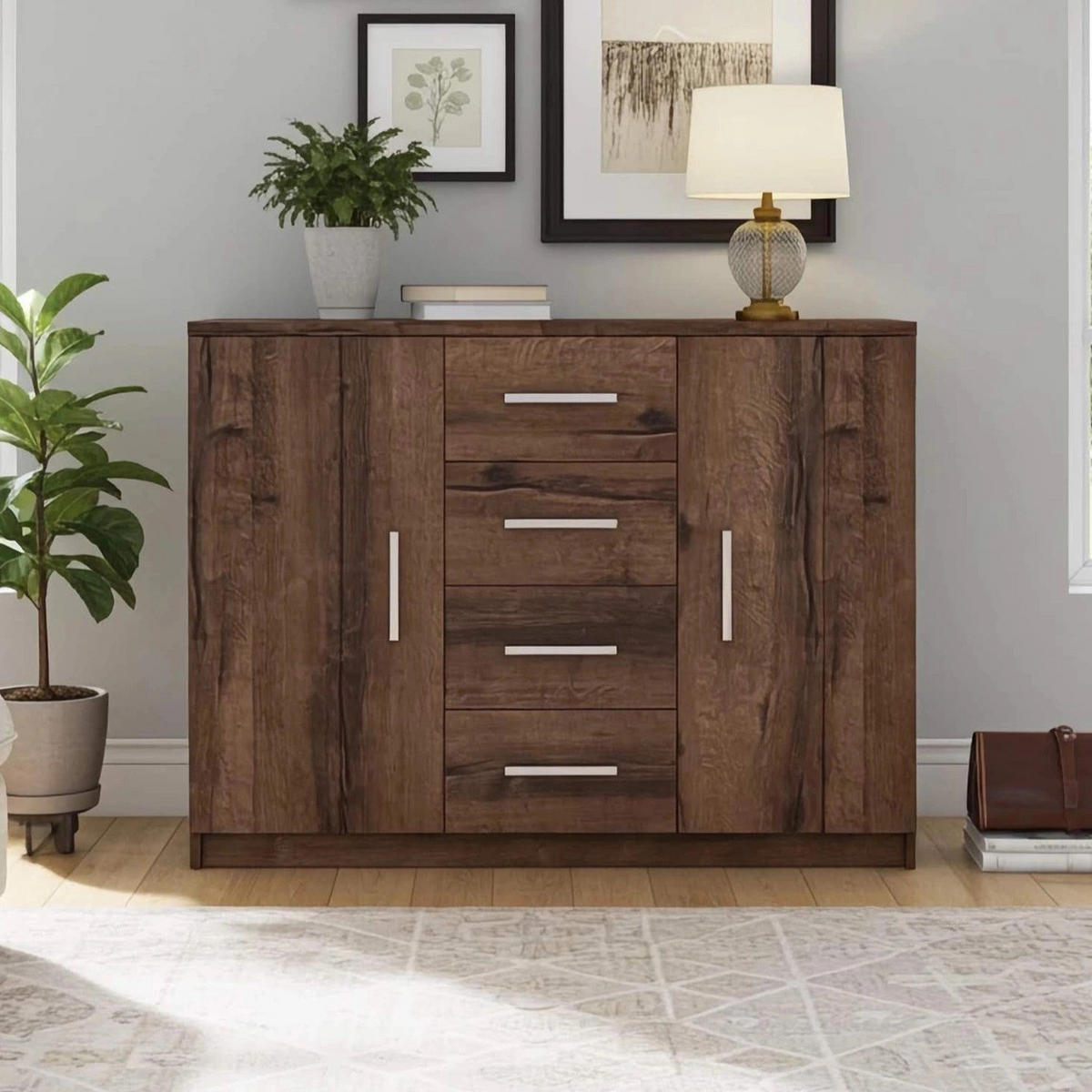KOMMODE Tamiza 120 cm 4-Schubladen und 2-Türen - Silberfarben/Braun, Holzwerkstoff/Kunststoff (120/90/40cm) - Ravio