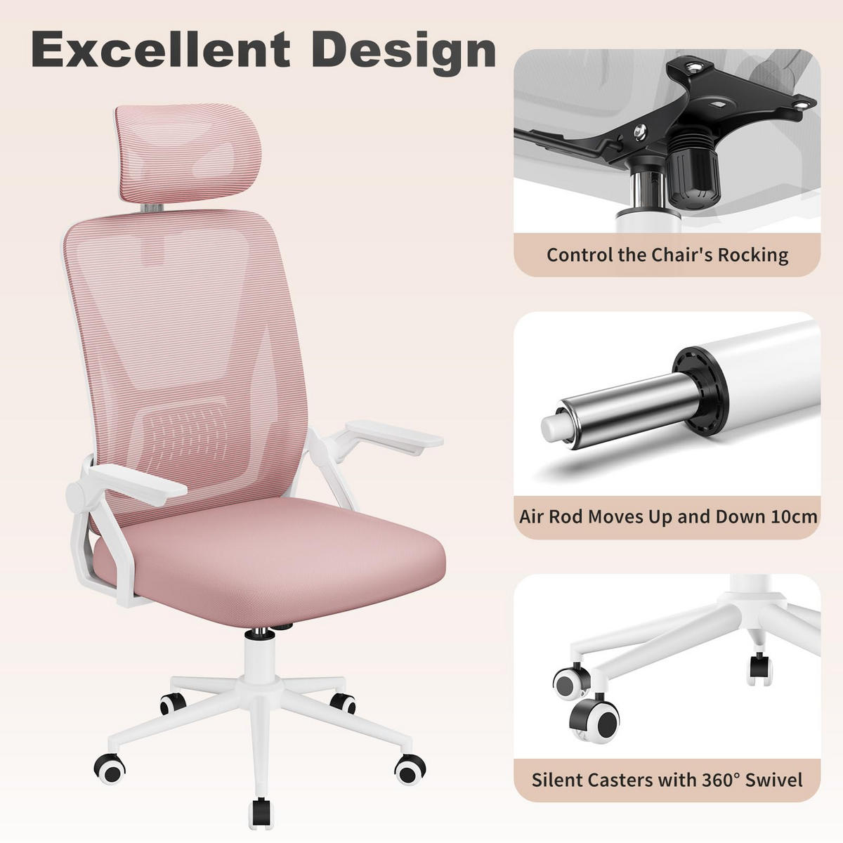 DREHSTUHL Webstoff Weiß-Rosa ergonomisch klappbare Armlehnen - Pink, Kunststoff (24/48/53cm) - Rattrix