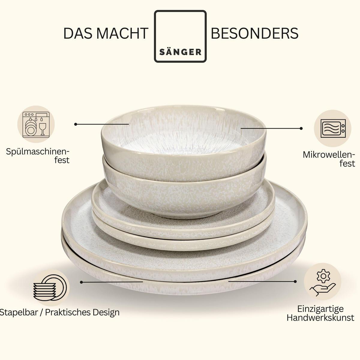 TAFELSERVICE KORFU - 24 teilig aus Steingut - Creme, Stein (27.5/5/27.5cm) - Sänger