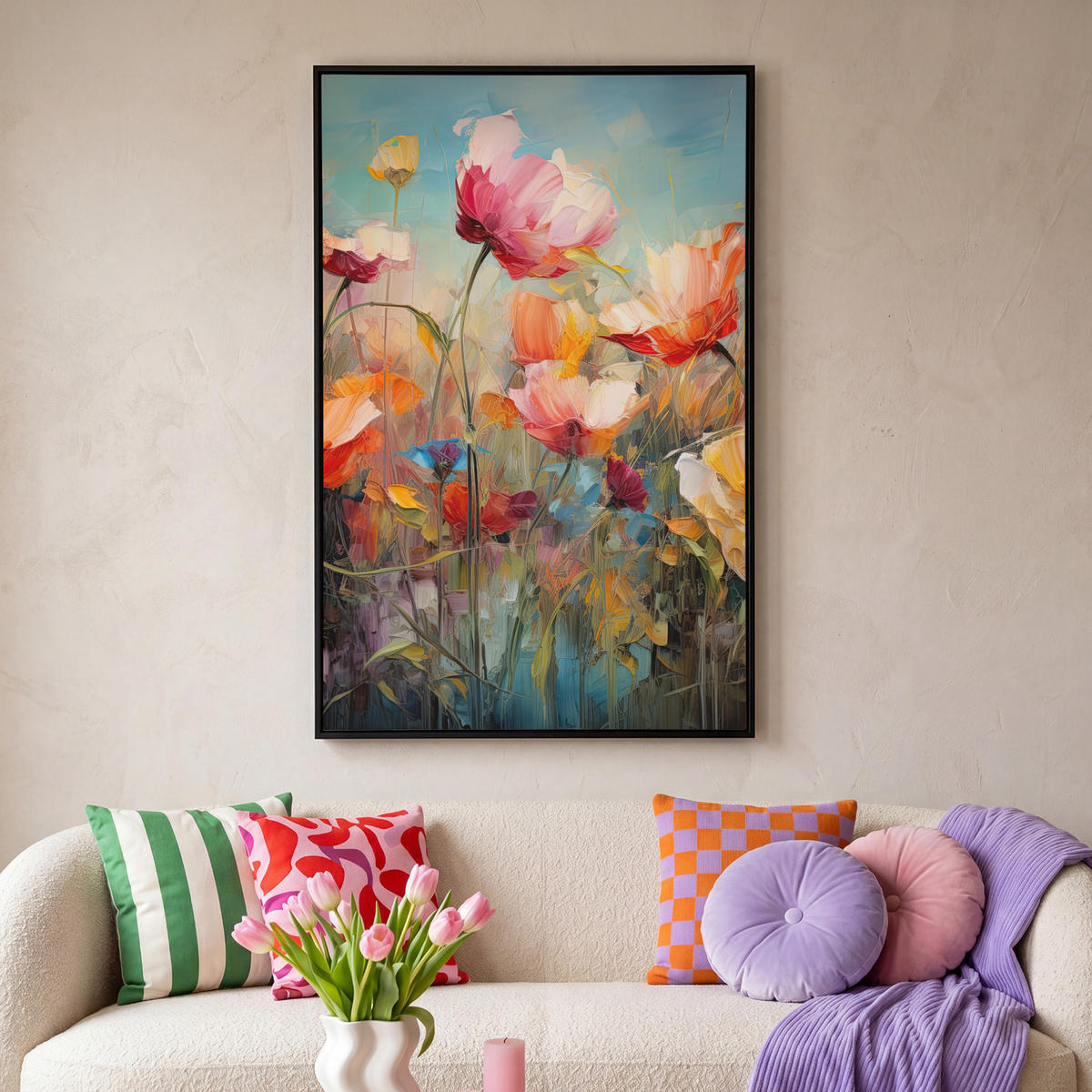 LEINWAND Bilder mit Rahmen - Blumen - Aquarell - Kunst - Botanisch - Natur - 90x140 - Orange, Textil (90/140cm) - MuchoWow