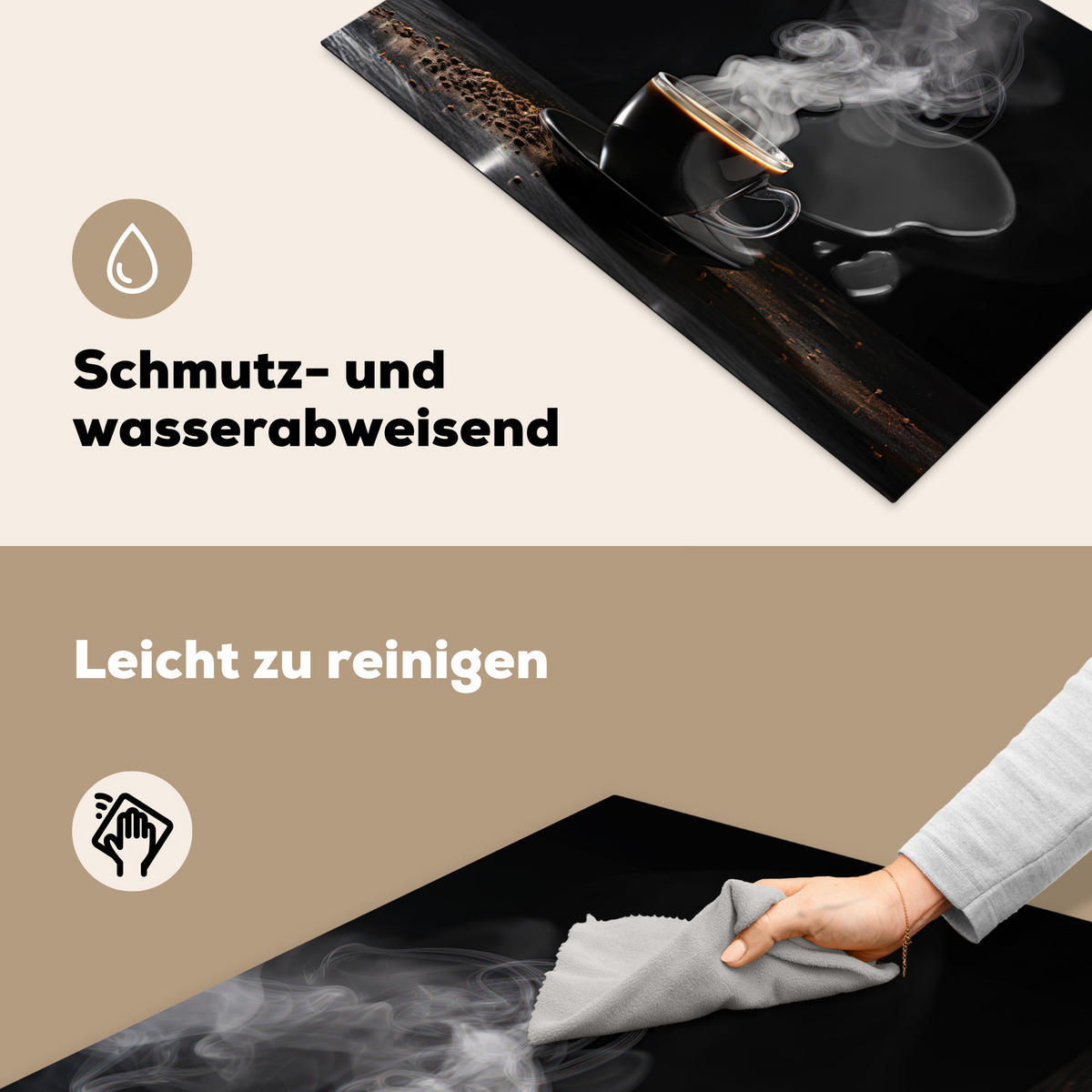 HERDABDECKPLATTE Kaffee - Schwarz - Bohnen - Heiß - Tasse Ceranfeldabdeckung 78x52 cm - Schwarz, Kunststoff (78/52/0.2cm) - MuchoWow