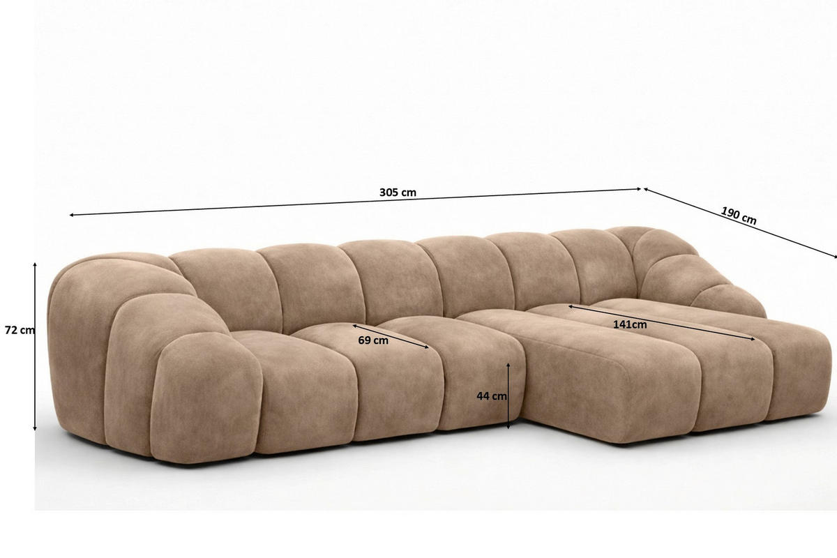 ECKSOFA Modulare L-Form, Veloursstoff Bluvel, Latte, Rechts, CROISSANT L - Hellbraun, Holz (305/190cm) - Kaiser Möbel