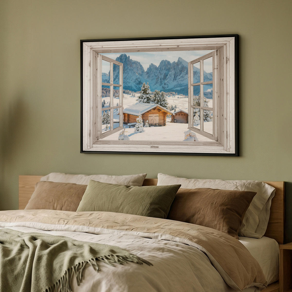 LEINWAND Bilder mit Rahmen - Winterlandschaft - Hütte - Berge - Ausblicke - Aussicht - Natur - 100x70 - Weiß Hochglanz, Textil (100/70cm) - MuchoWow