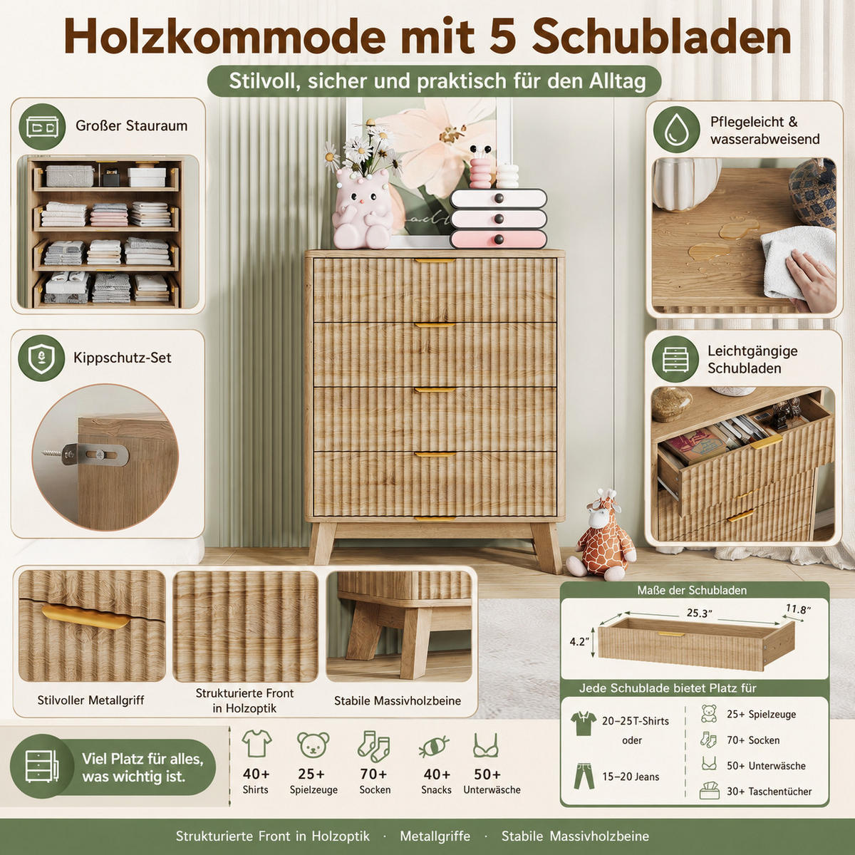 KOMMODE mit vertikaler Rillenfront, 5 Schubladen Stauraum, Eiche hell, 40/73/108cm - Eichefarben, Holz (73/108/40cm) - Joyfair