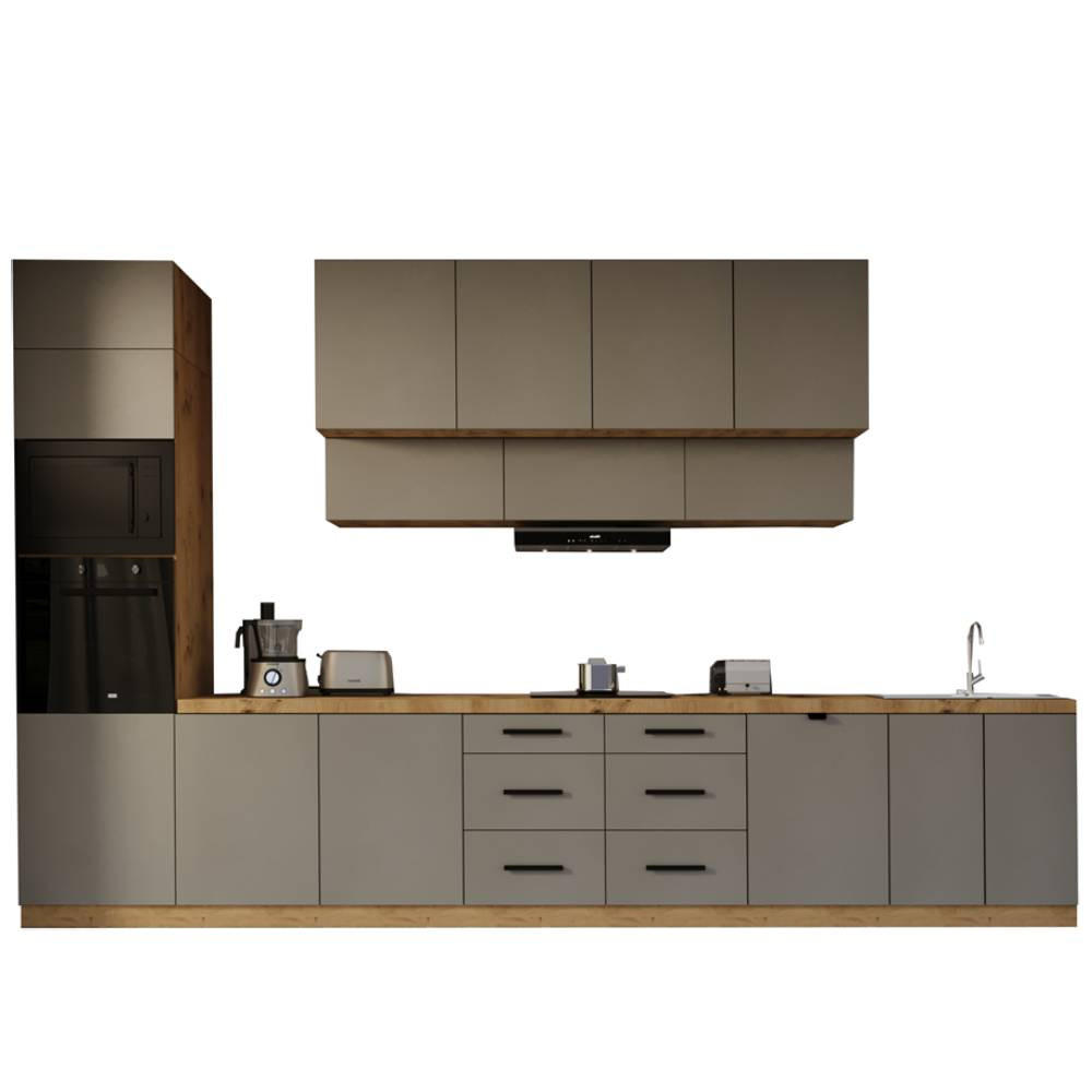 KÜCHENZEILE 440 cm - Langen KL8-M440 in Beige/Matt - Beige/Schwarz, Holz/Metall (440/248/58cm)