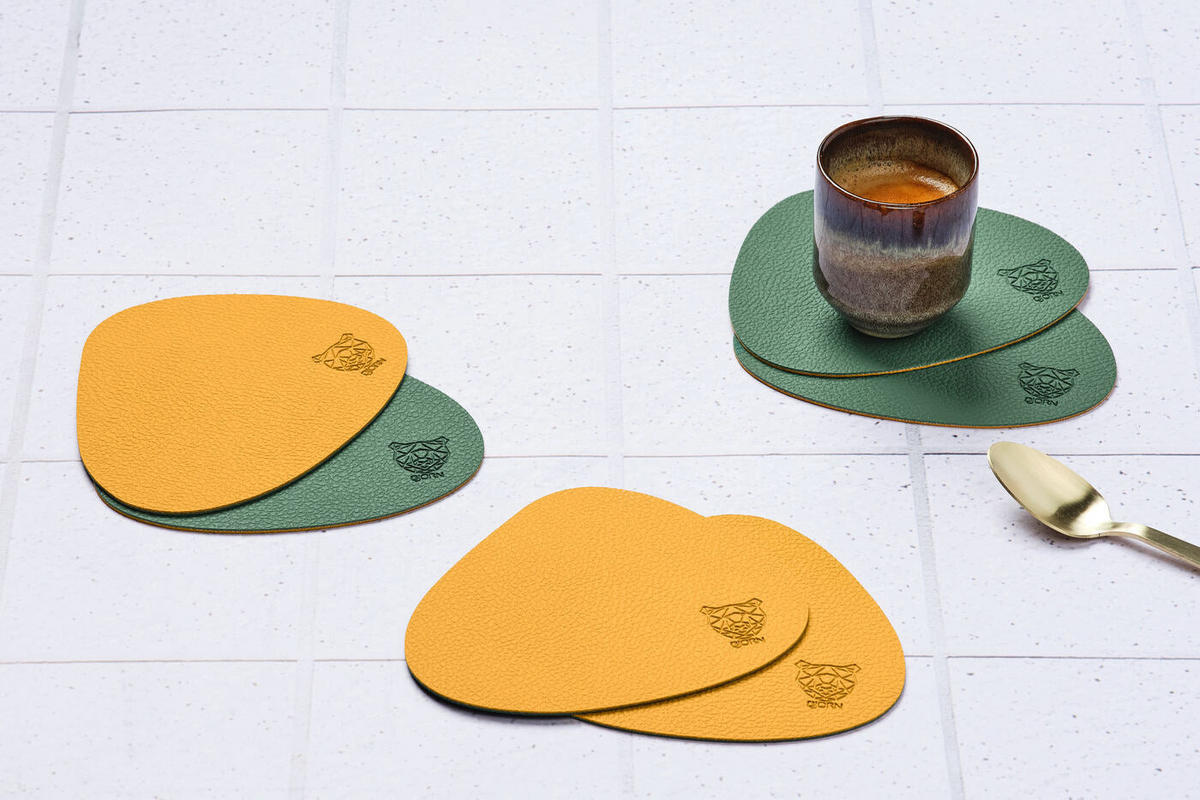 UNTERSETZER - 6er-Set - Recyceltes Leder in Senfgelb und Tannengrün - Gelb, Textil (11/13cm) - Björn