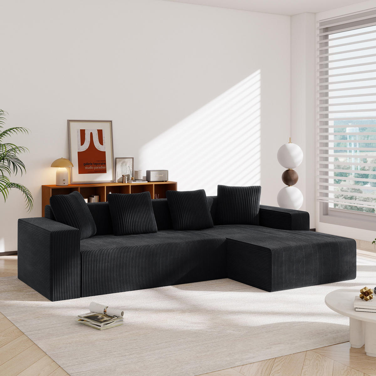 ECKSOFA mit modularer L-Form schwarz aus Corduroy 261x146x65 cm - Schwarz, Textil (146/261cm) - Luhomfu