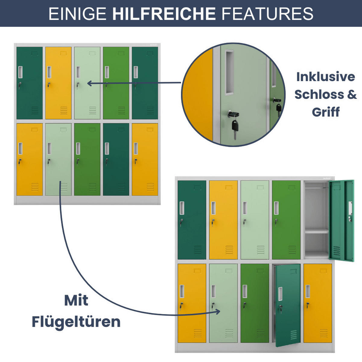 UMKLEIDESCHRANK Spind TOKIO 10 Abteile 150x136x45cm Grün-Gelb - Grün, Metall (136/150/45cm) - DELUKE